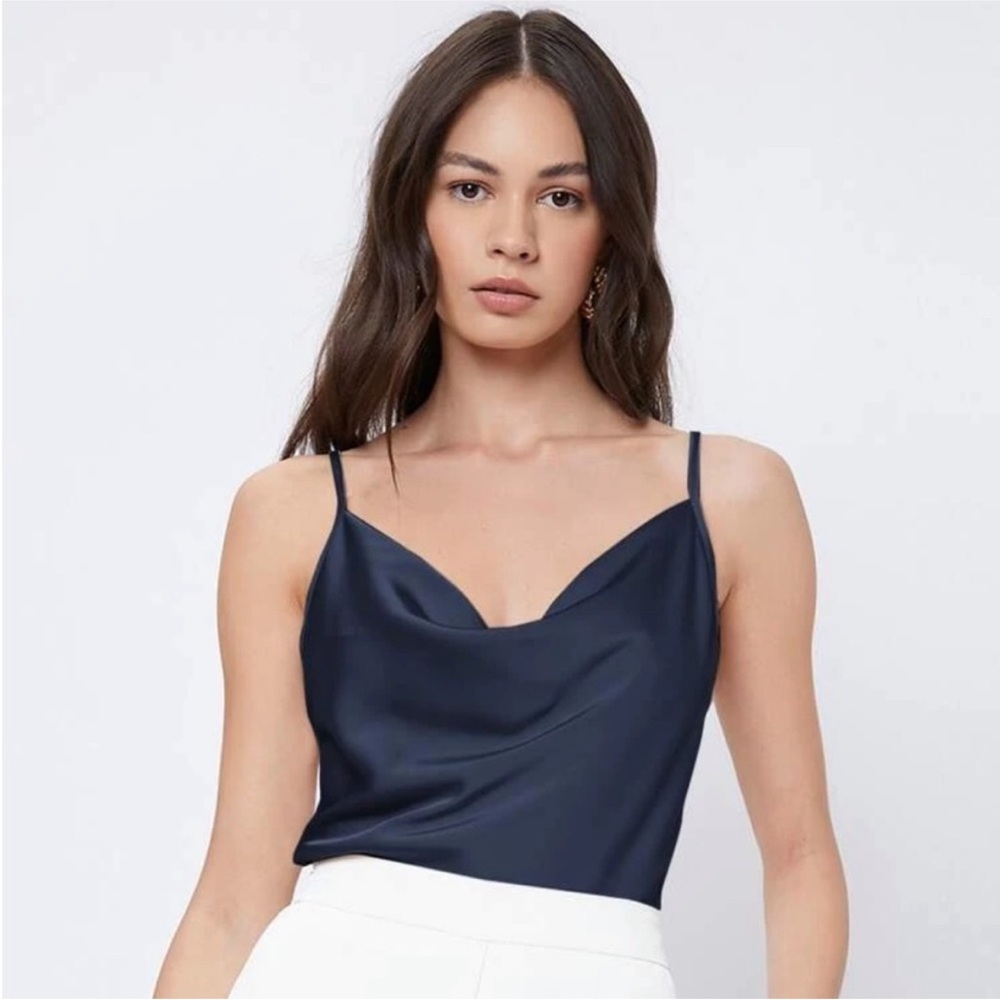 NWOT LOFT Navy Blue Satin Cowl Neck Tank Top S